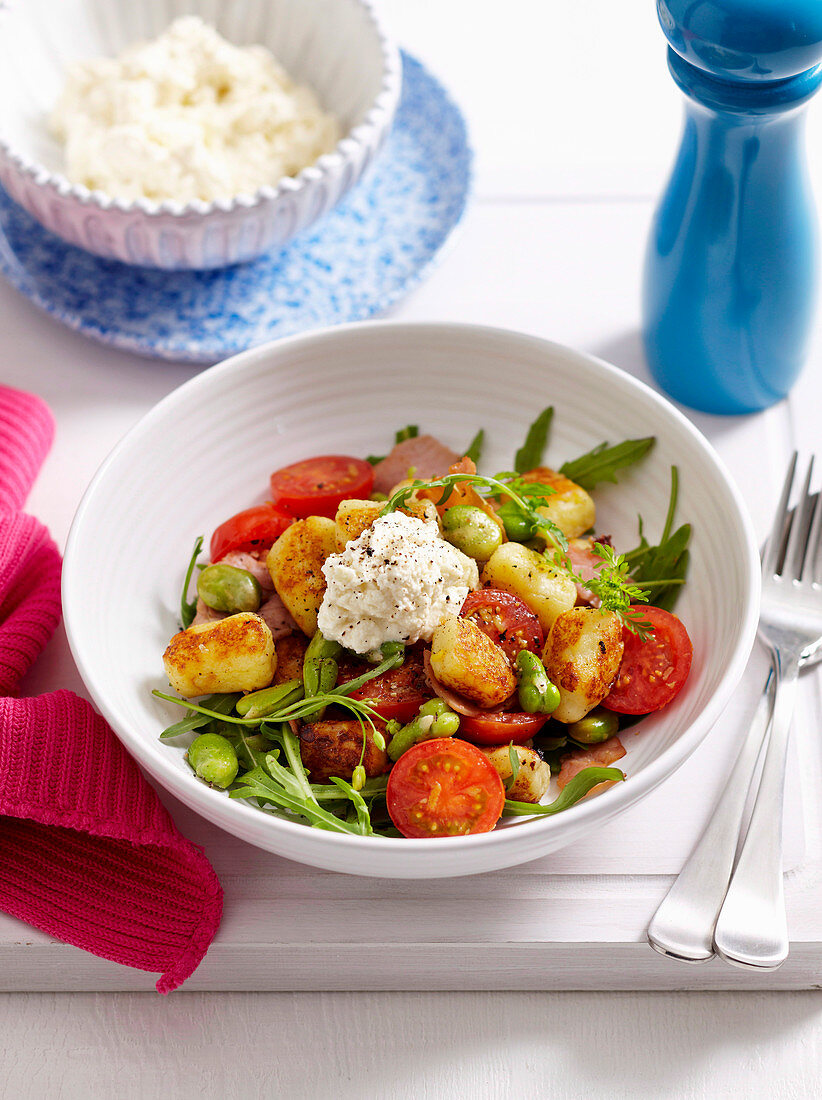 Pan-Fried Gnocchi, Ham and Broad Beans