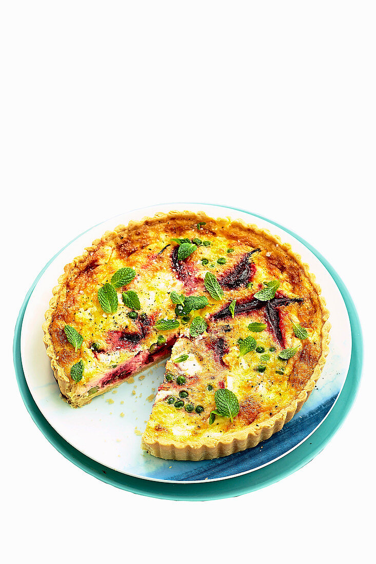Beetroot, pea and feta quiche