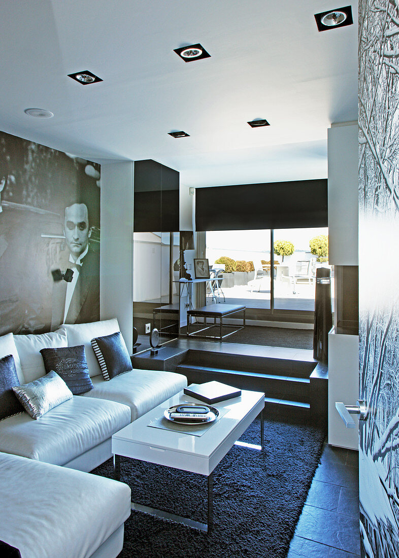Compact, modern, split-level living room