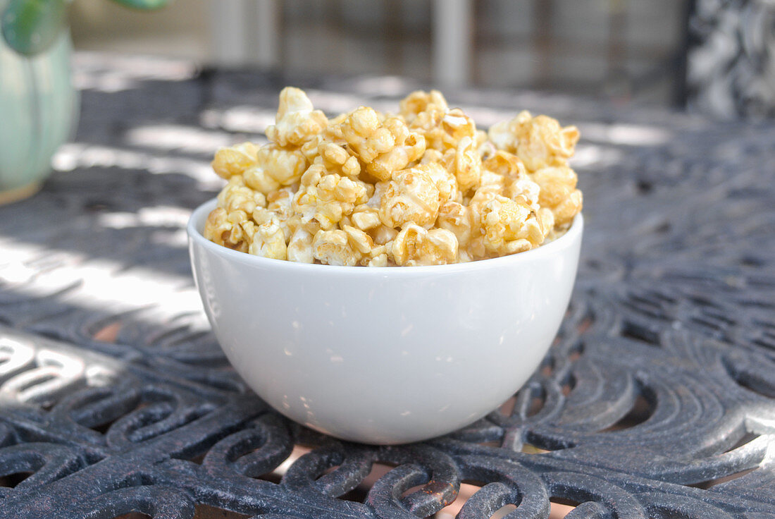 Popcorn in a white bowl