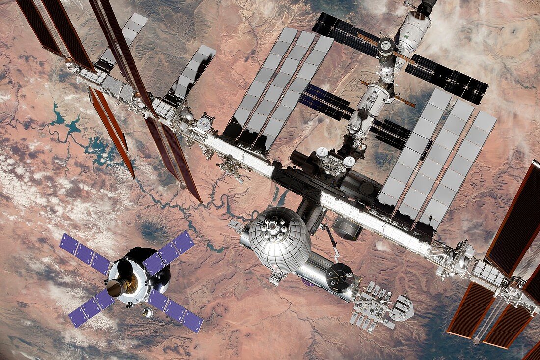 Crew exploration vehicle approaching ISS, illustration