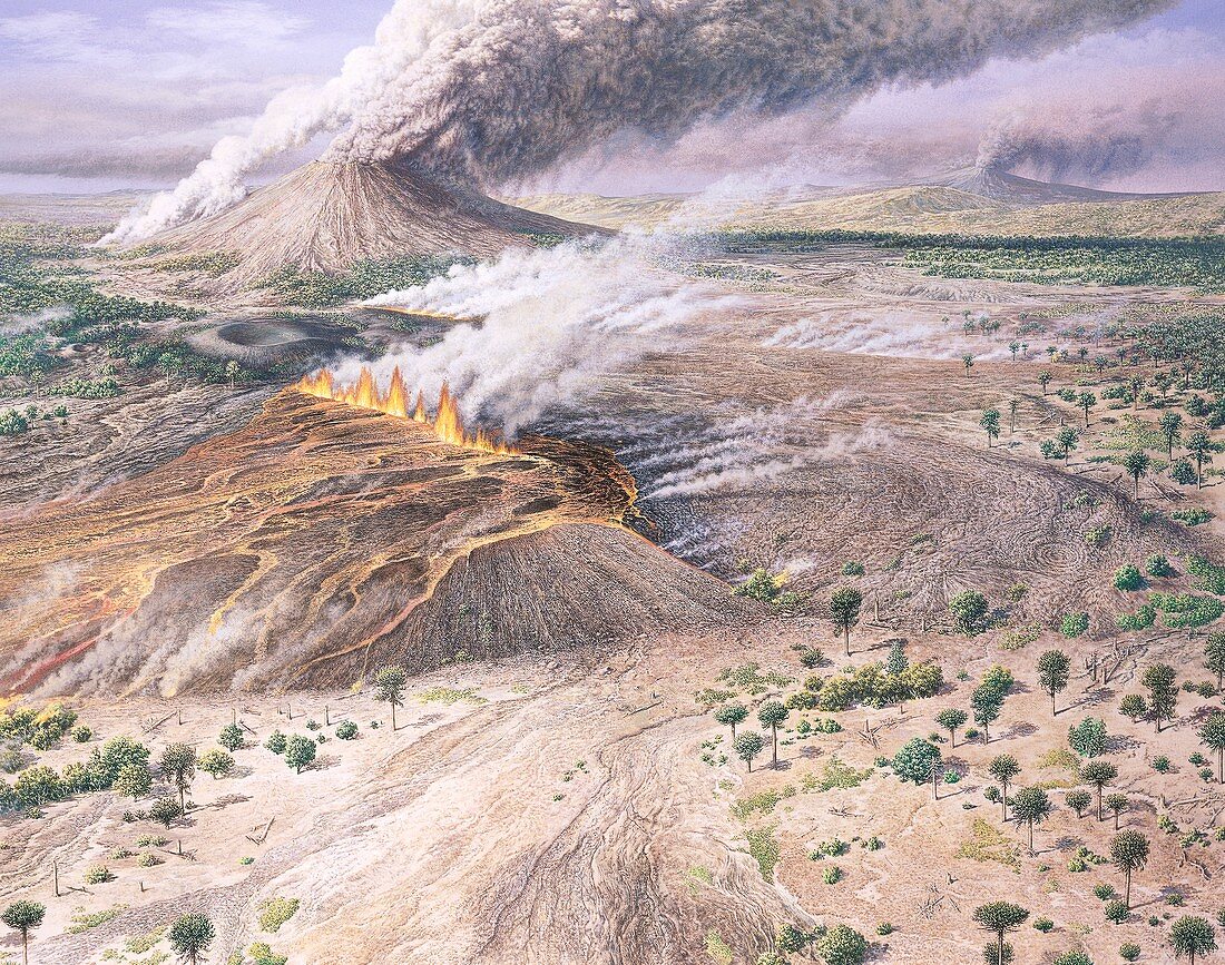 Tertiary volcanic landscape, illustration