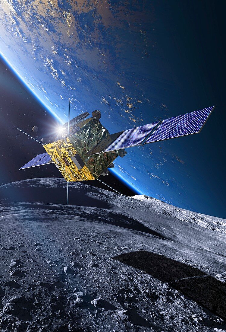 Spacecraft orbiting asteroid approaching Earth, illustration