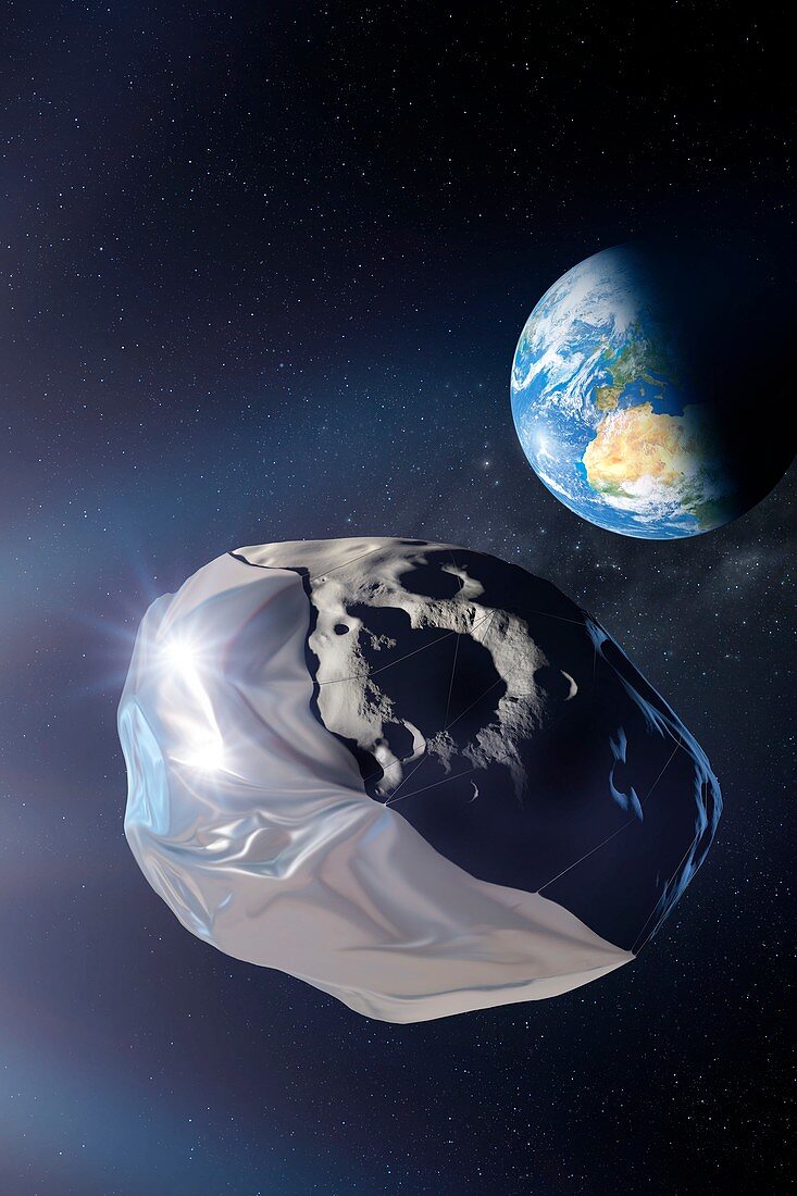 Asteroid deflection using foil, illustration