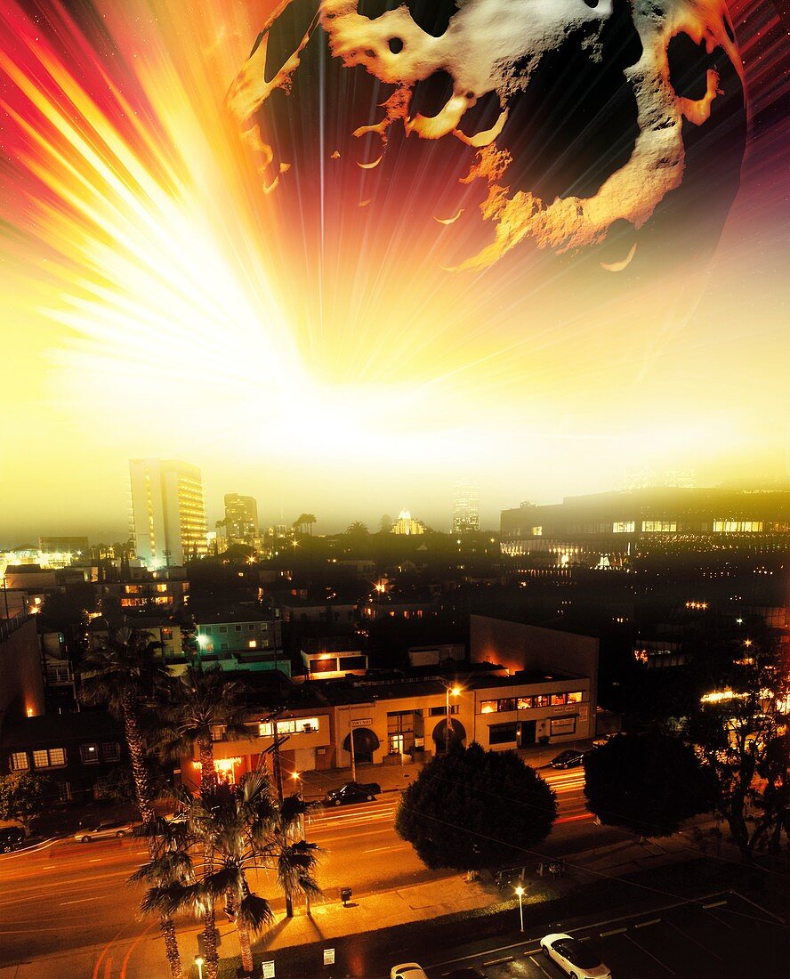 Meteorite fireball over city, artwork