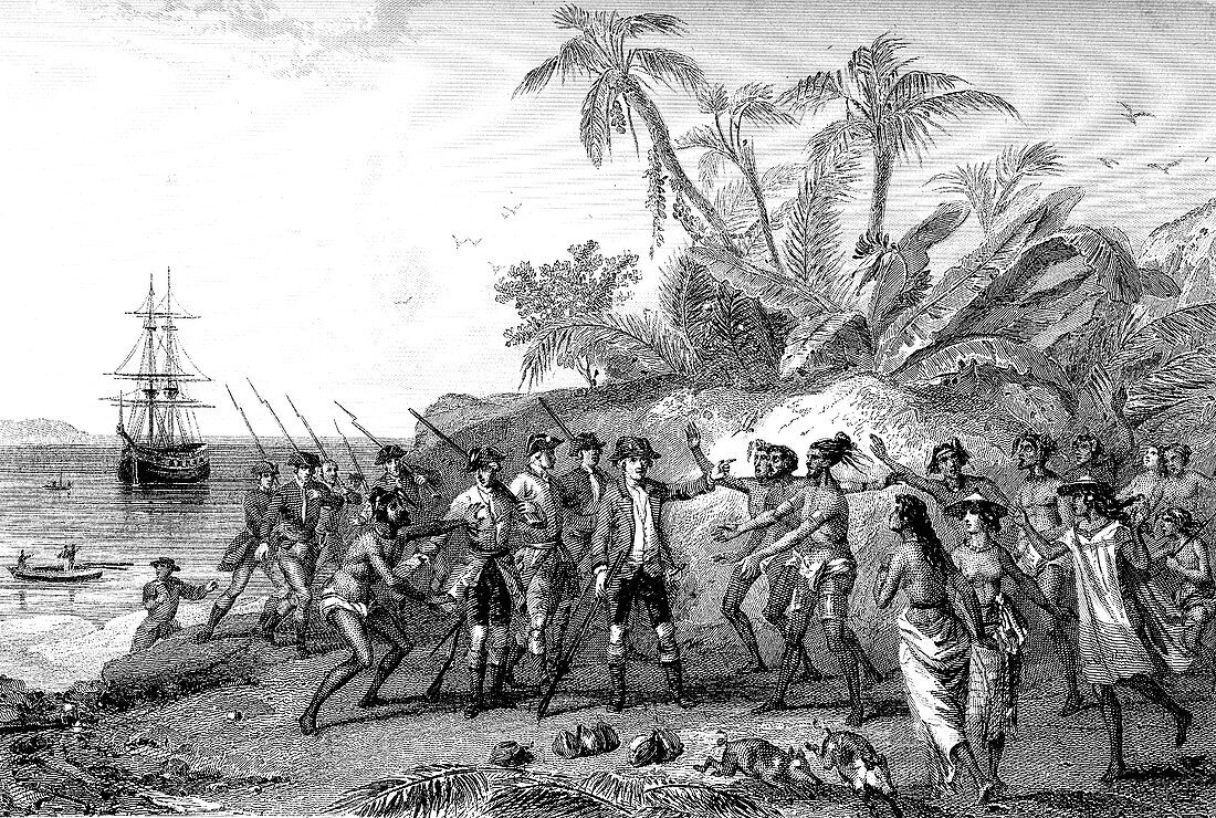 Bougainville in the Marquesas Islands in 1768, illustration