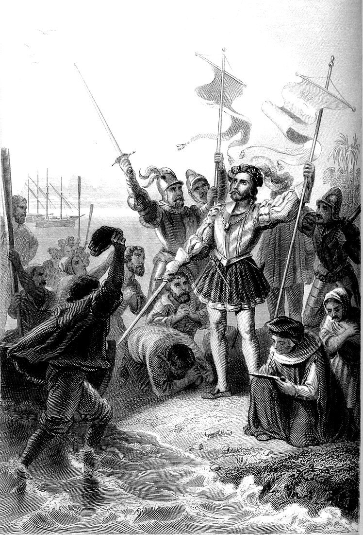 Columbus reaching San Salvador, illustration