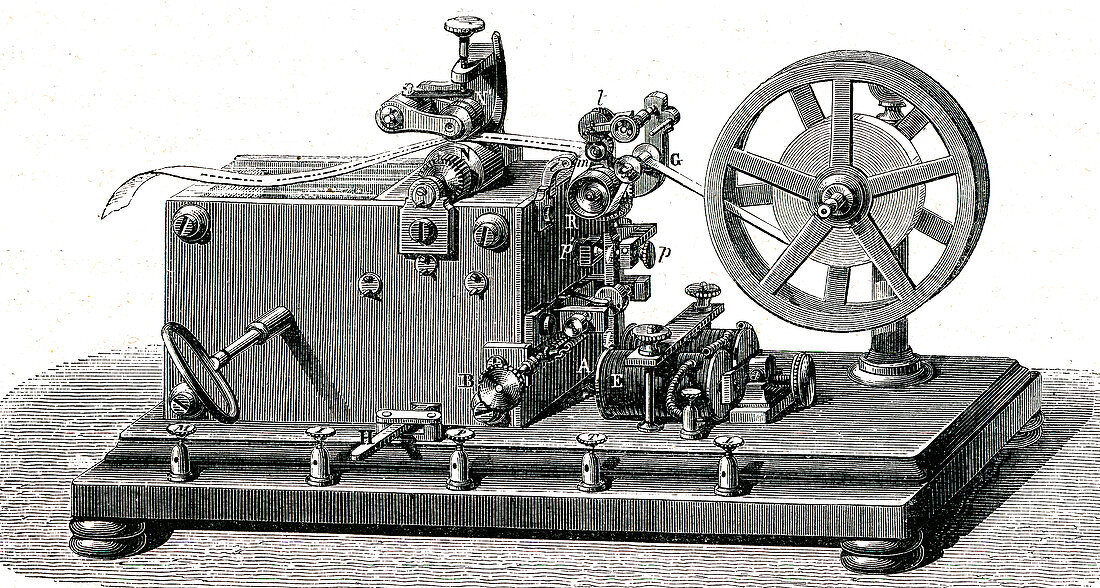Early telegraph printing receiver, 19th C illustration