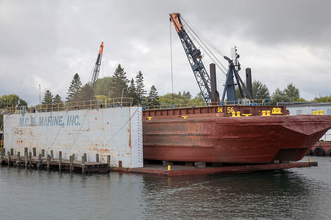 Barge in dry dock, Michigan, USA