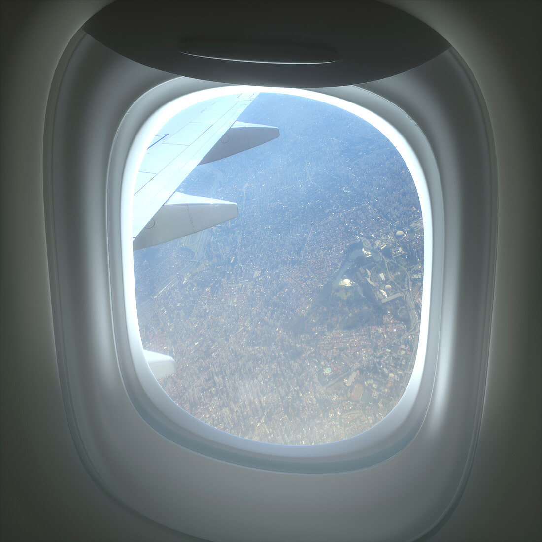View of city through aeroplane window, illustration