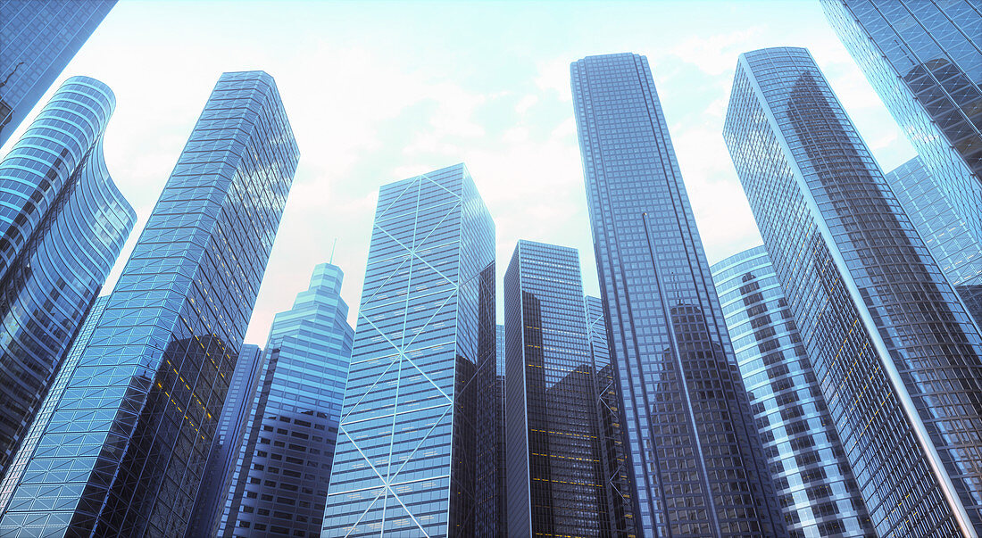 Low angle view of skyscrapers in city, illustration