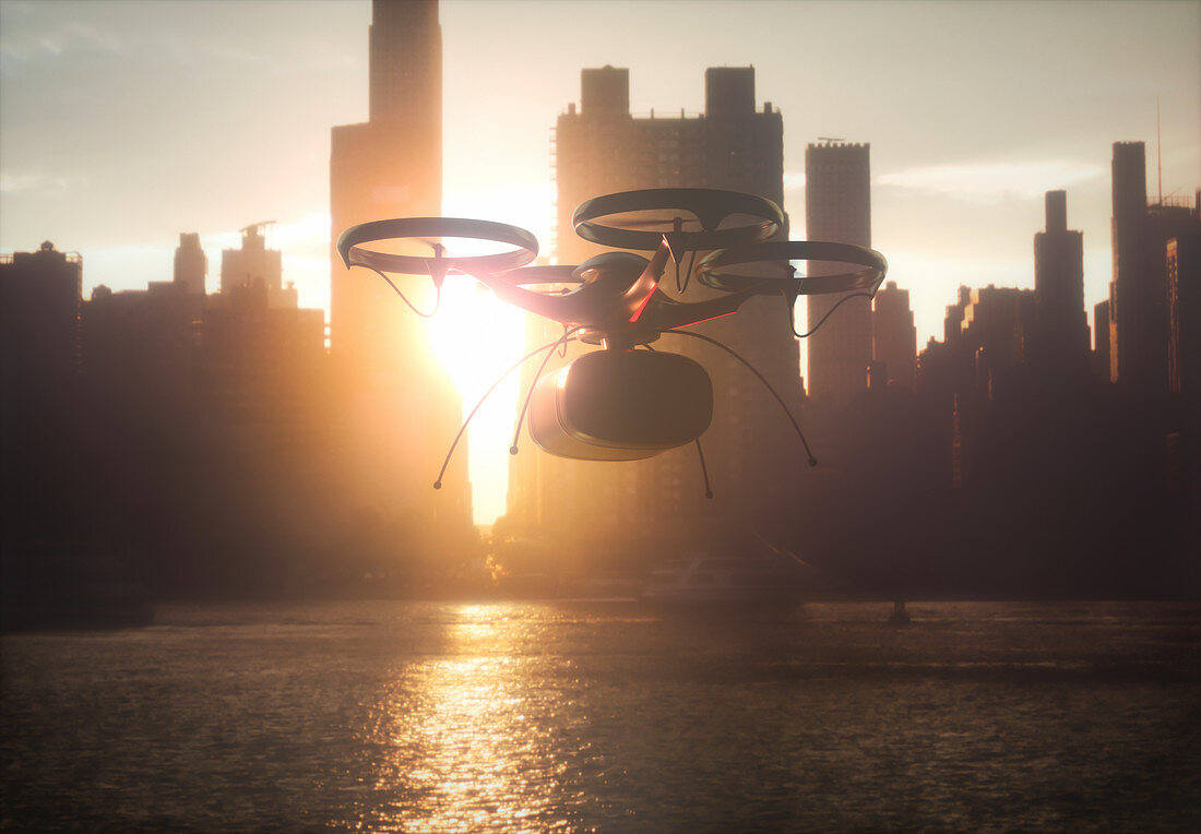 Drone in transit with skyline in background, illustration