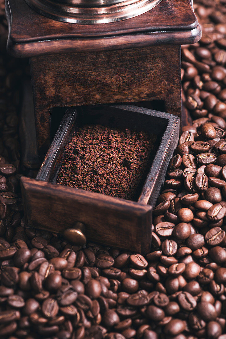 Ground coffee in grinder