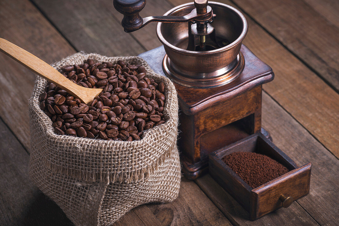 Coffee beans in hessian sack and grinder