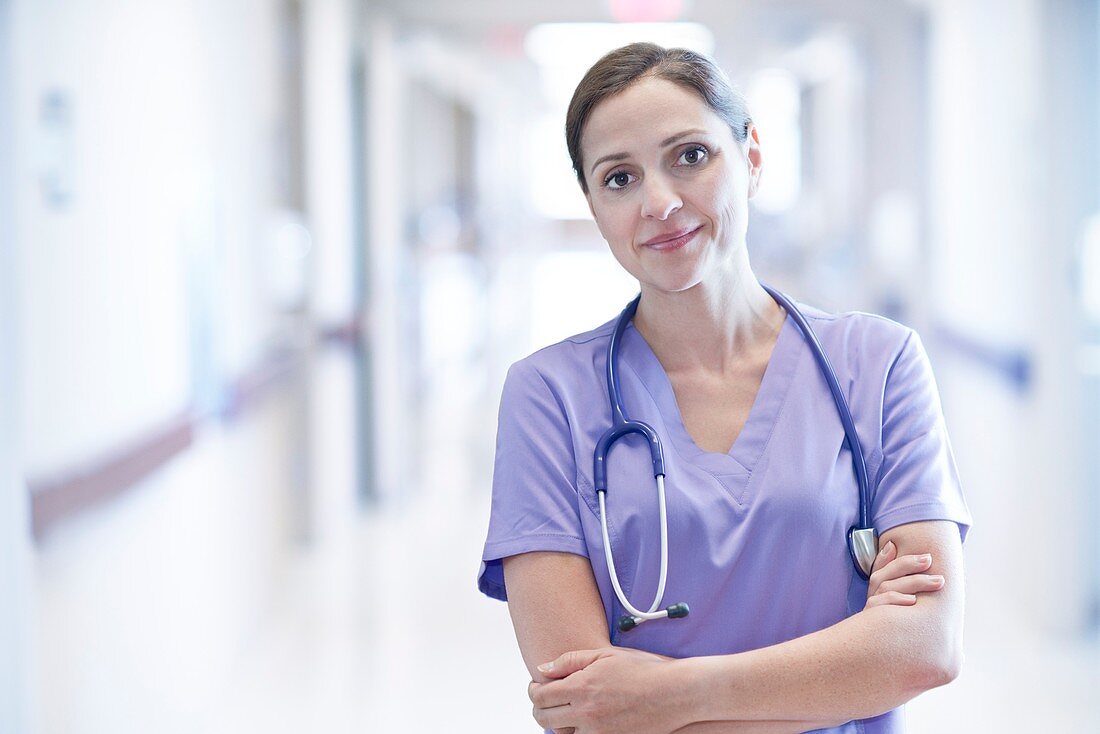 Nurse wearing purple uniform