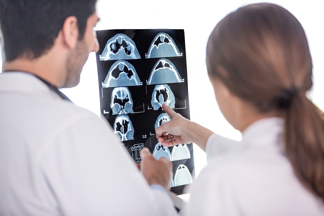 Male and female doctor looking at x-rays