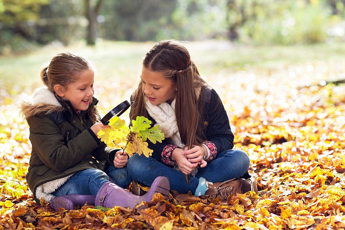 Two girls collecting Autumn leaves