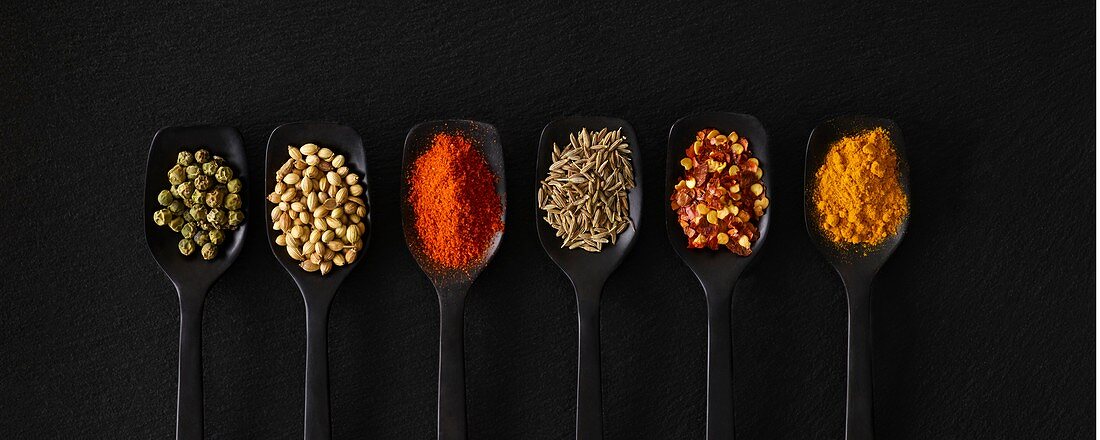 Dried spices on spoons