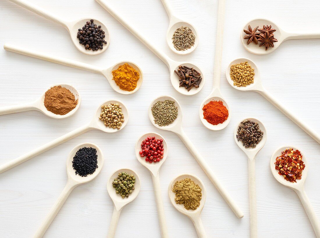 Dried spices on white spoons