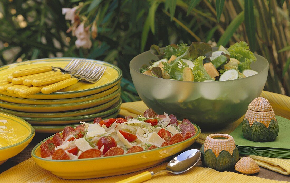 Two Assorted Salads on a Buffet Table Outdoors