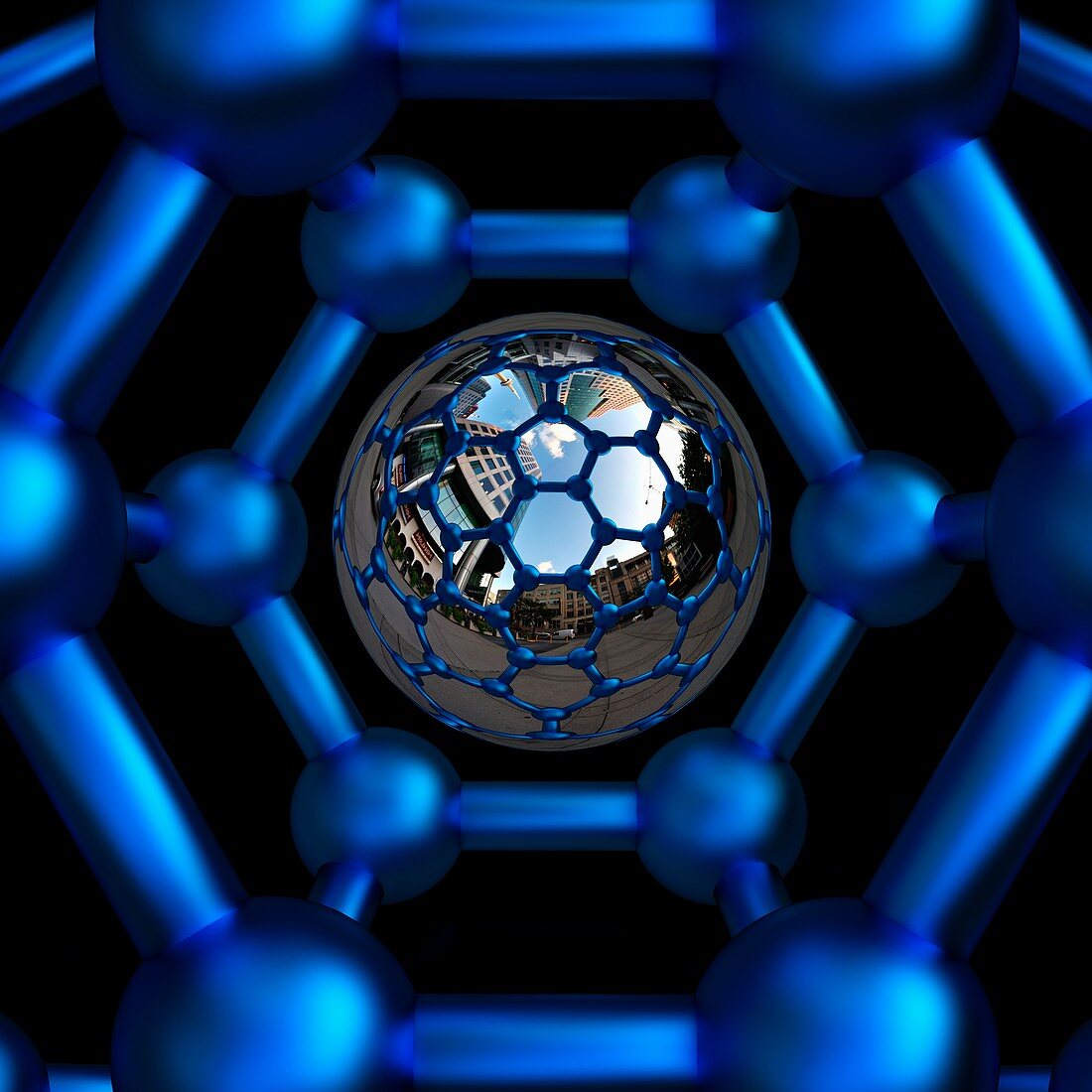 Buckyball C60 inside with central sphere, illustration