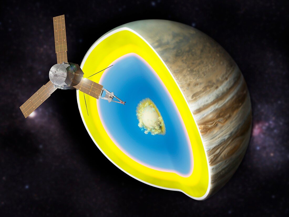 Juno spacecraft and Jupiter's interior, illustration