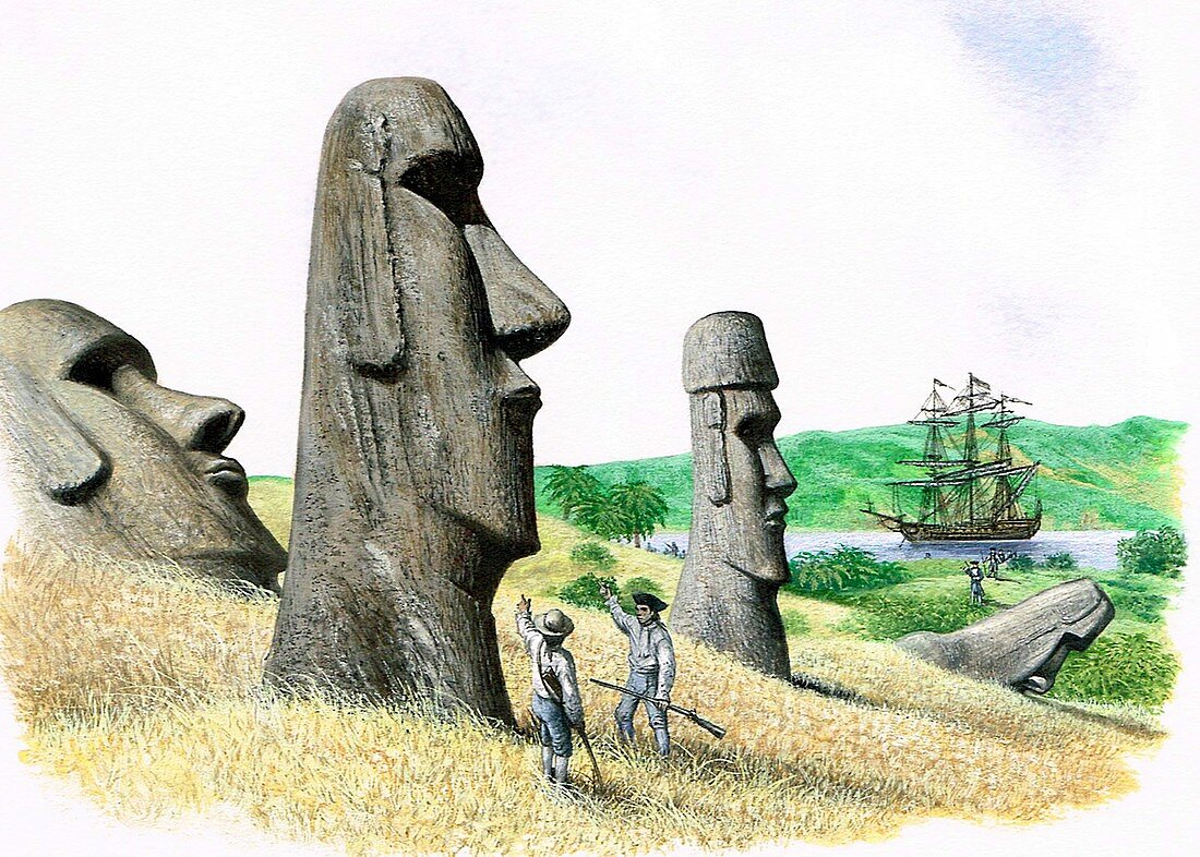 Discovering Easter Island statues, illustration