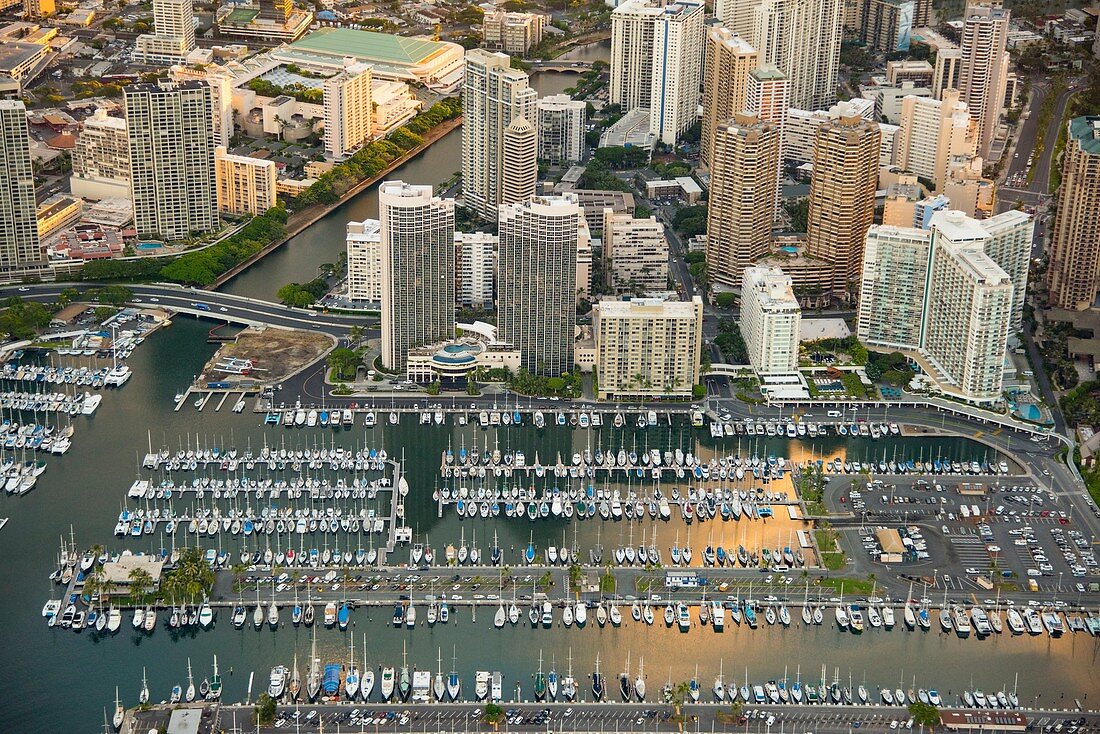 Waikiki and Ala Wai harbor, Hawaii, USA, aerial photograph
