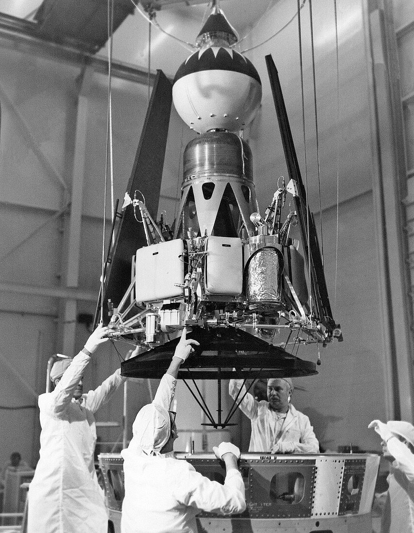 Ranger 4 spacecraft model display preparations, 1964