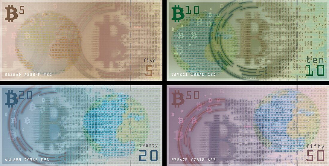 Bitcoin bills and coins, illustration