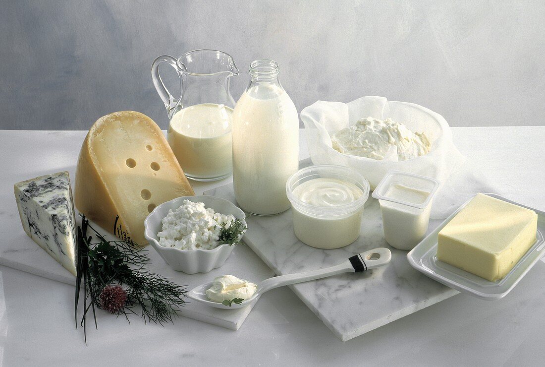Milchprodukte: Käse, Hüttenkäse, Creme fraiche, Milch, Quark