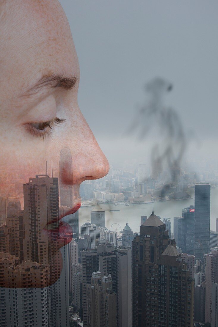 Female face with urban pollution