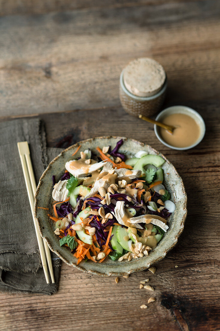 Thai chicken salad with cucumber and red cabbage