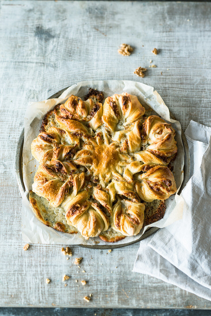 A gorgonzola bread flower with walnuts