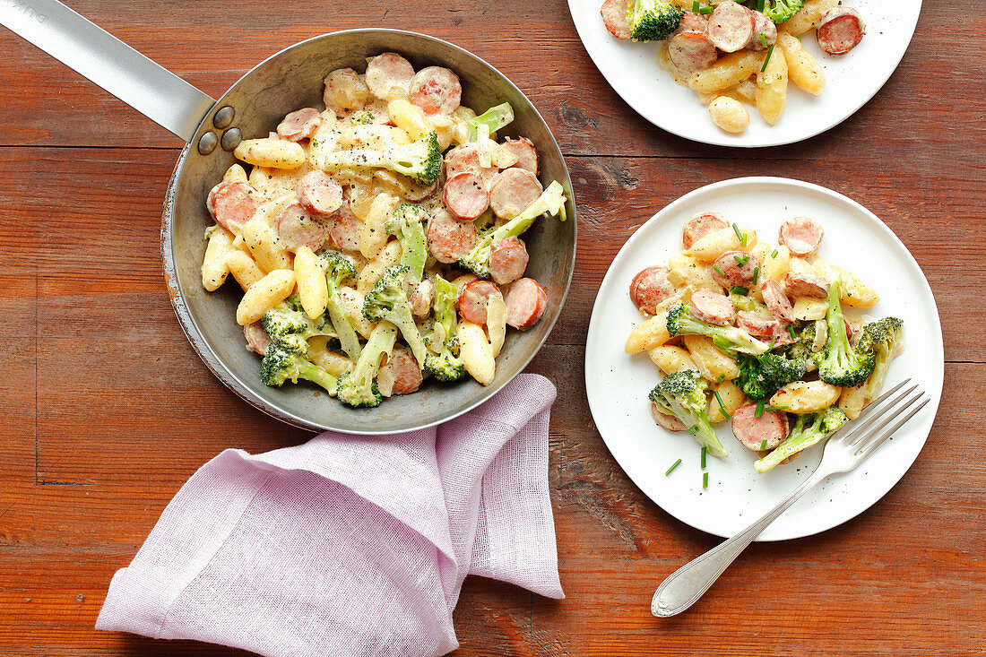 Gnocchi with sausage and broccoli in mustard sauce