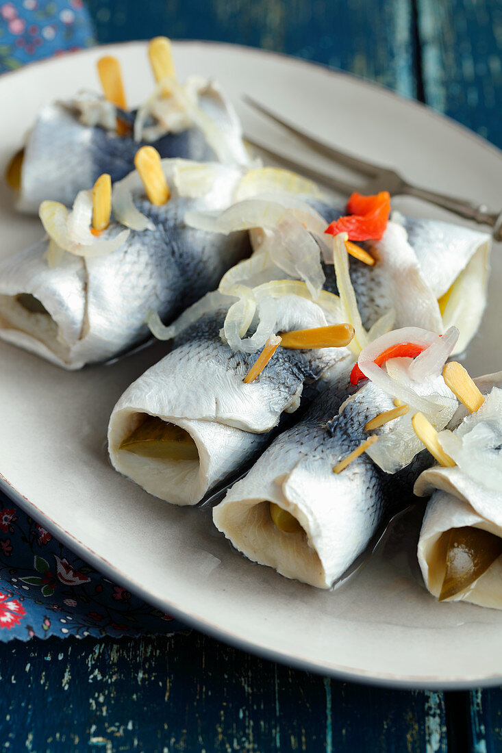 Herring rolls with pickled cucumber