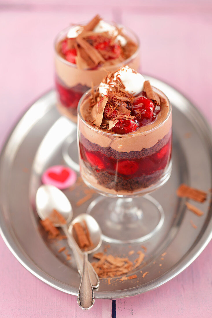Chcoloate sponge cake and chocolate cream dessert with cherries
