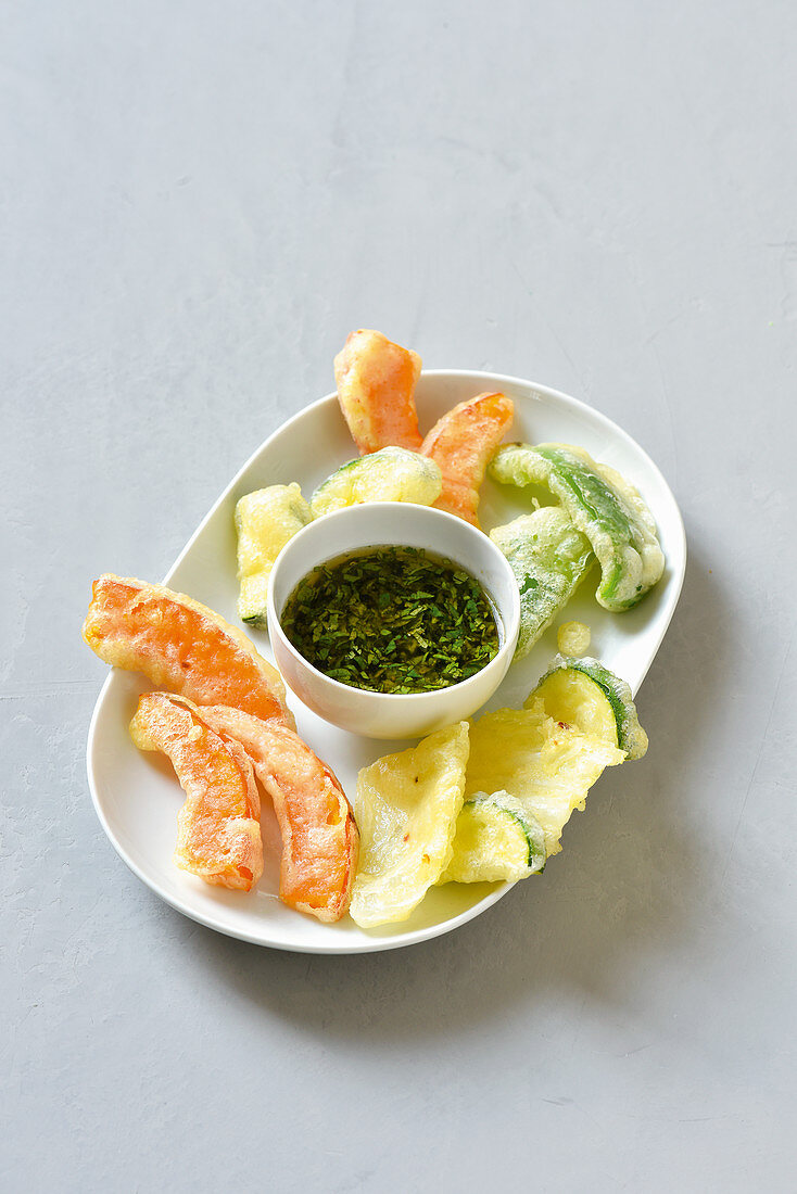 Vegetable tempura with a coriander and ginger dip (Vegan)