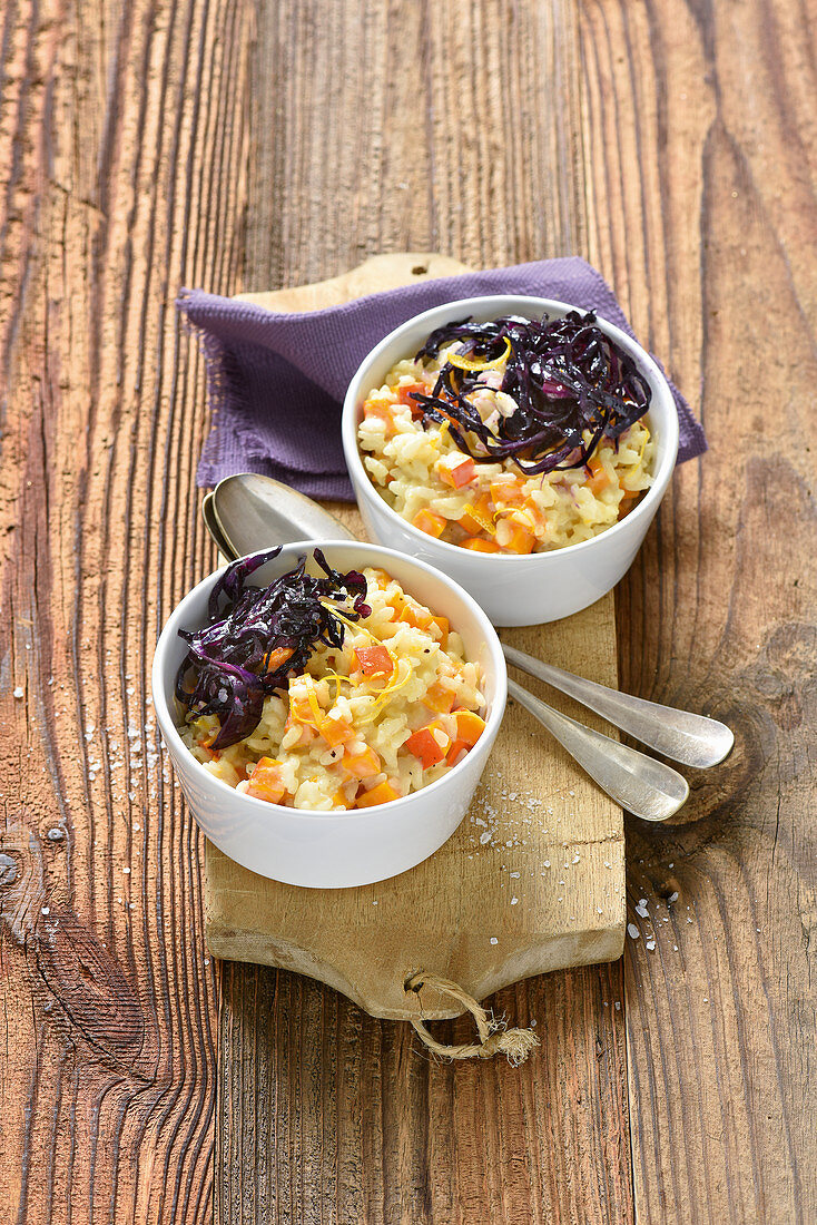 Pumpkin and orange risotto with red cabbage