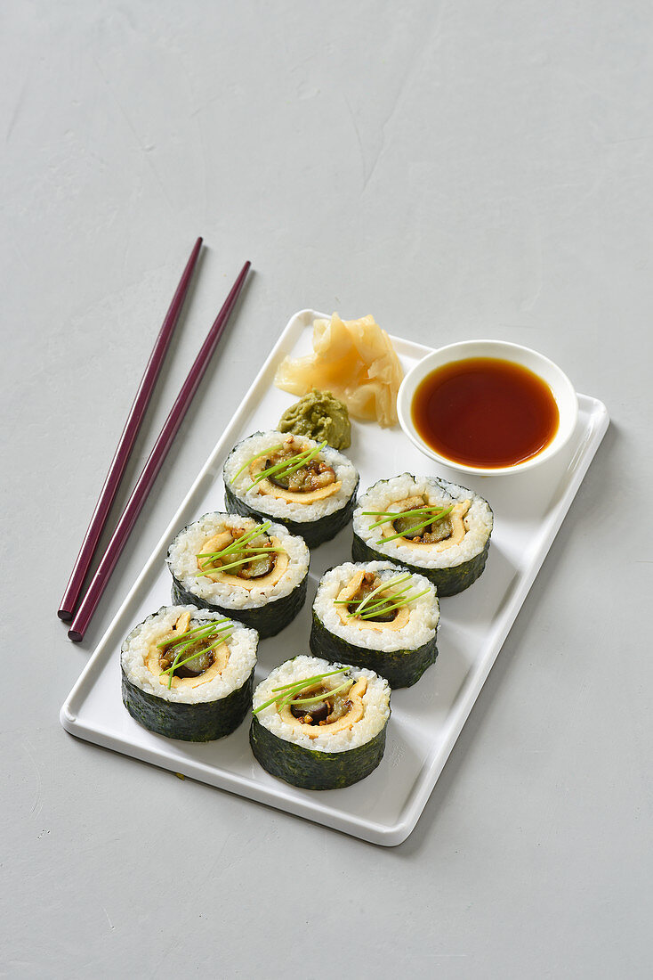 Vegetarian sushi with omelette and soy aubergines