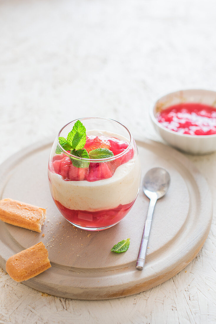 Rhubarb and mascarpone cheese triffle with fresh mint