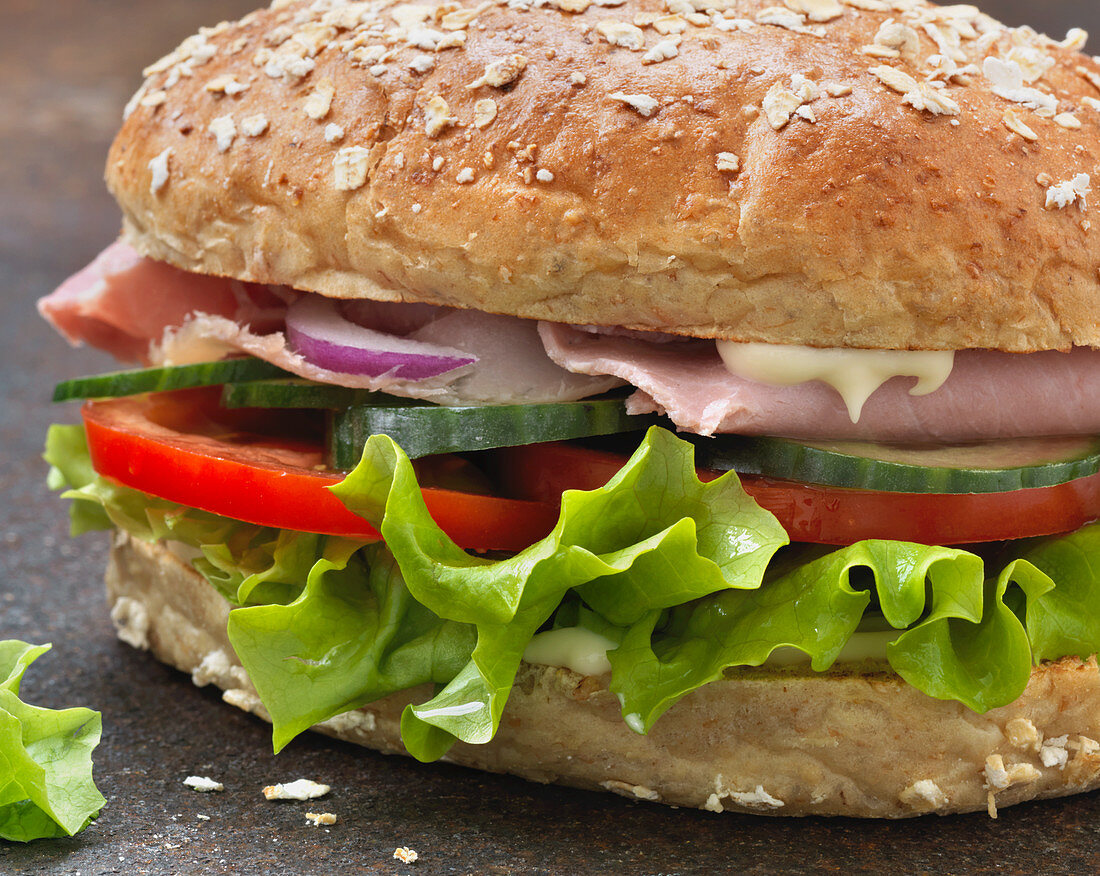 A ham sandwich with salad, onion, tomato and mayonnaise