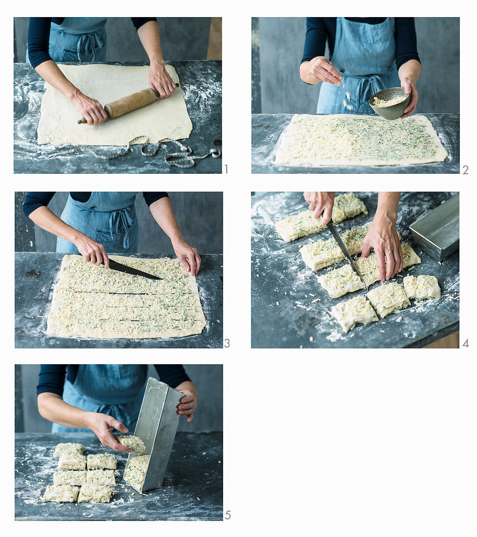 Pull-apart bread with herb butter and alpine cheese being made