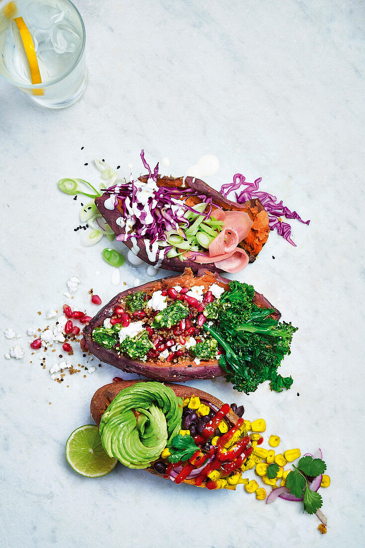 Sticky baked sweet potato three ways Japanese vibes superfood vibes and mexican vibes