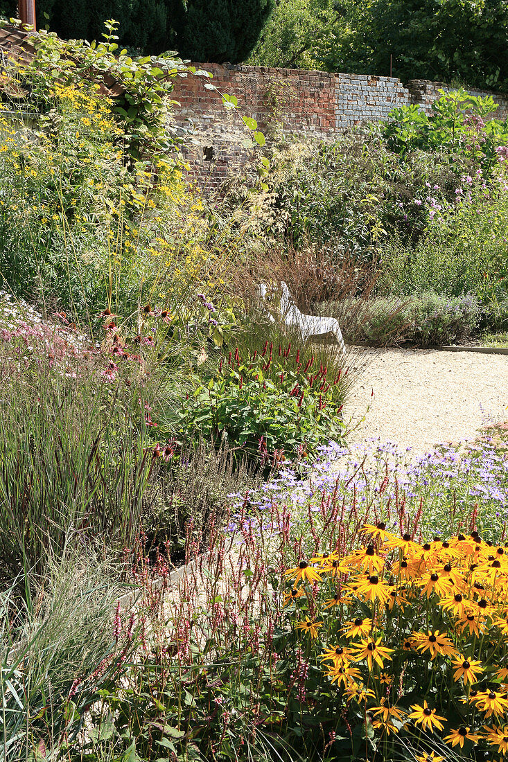Natural-style herbaceous borders, paths and brick wall in garden late summer