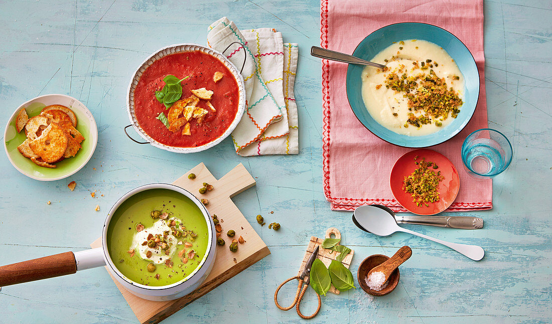 Tomato soup, pea soup, and cauliflower soup