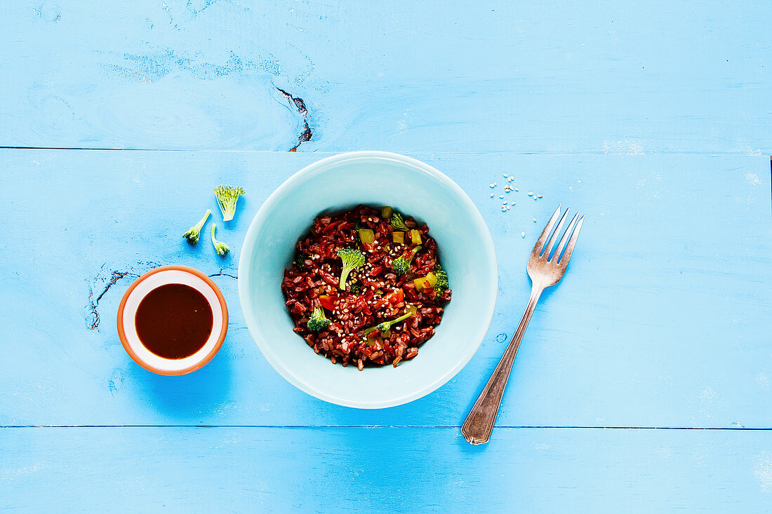 Red rice and broccoli bowl