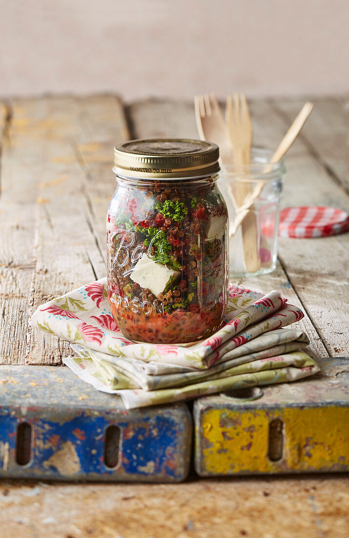 Lentil and beetroot salad in a glass jar