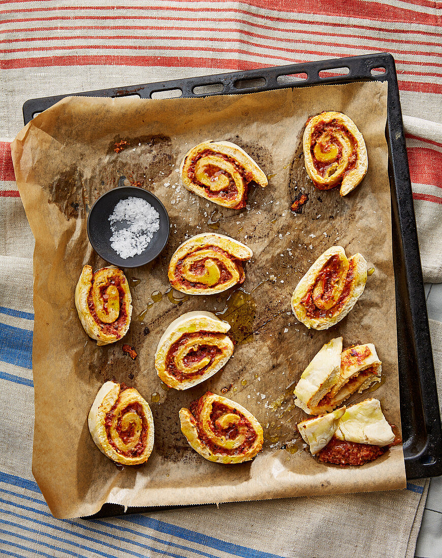 Pizza snails on a baking tray