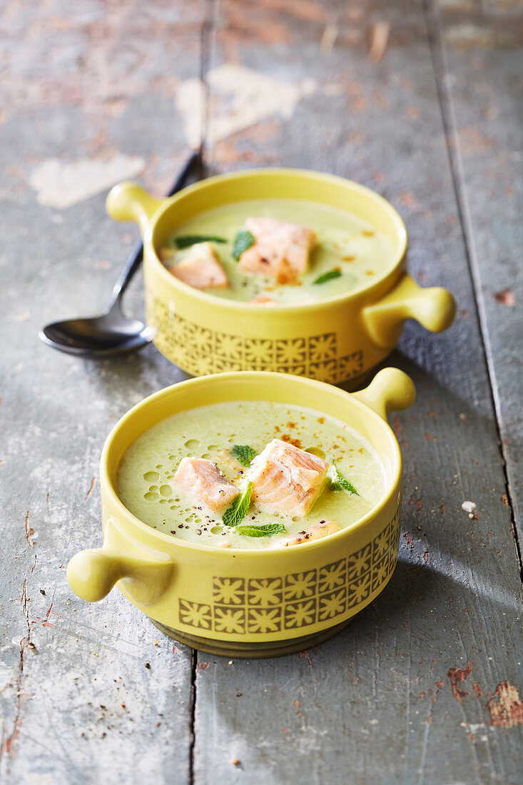 Green pea soup with salmon